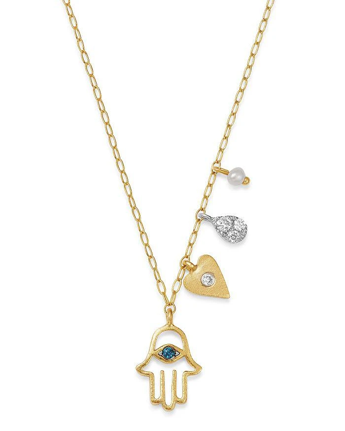 商品Meira T|14K Yellow Gold & 14K White Gold Diamond & Cultured Freshwater Seed Pearl Hamsa & Heart Charm Adjustable Pendant Necklace, 18",价格¥4382,第1张图片