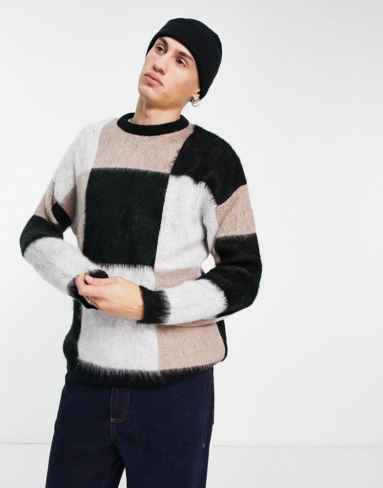 ASOS DESIGN fluffy knit checkerboard jumper in black white and beige商品第1张图片规格展示