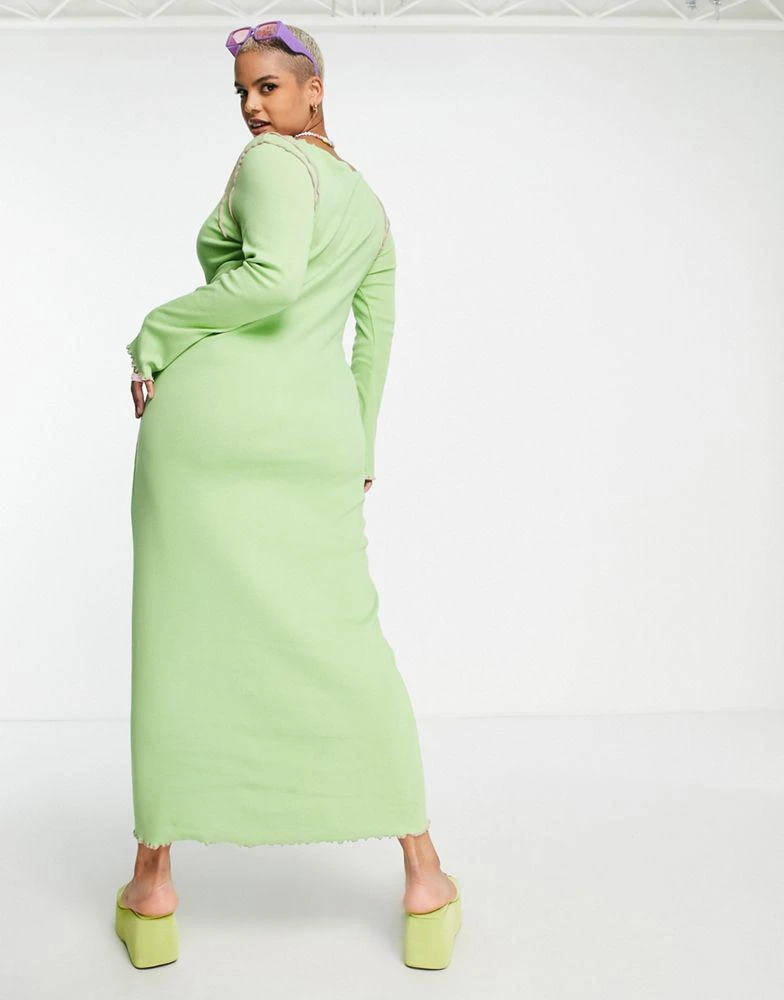 商品Daisy Street|Daisy Street Plus long sleeve maxi bodycon dress in green rib with contrast overlocking,价格¥170,第2张图片详细描述