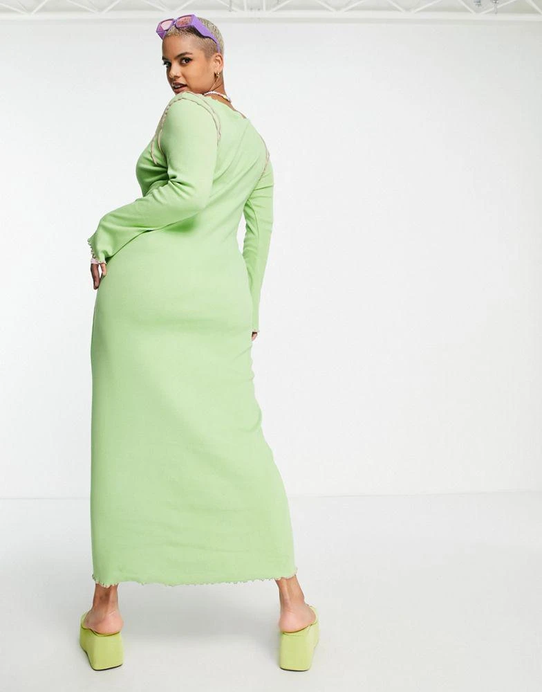 商品Daisy Street|Daisy Street Plus long sleeve maxi bodycon dress in green rib with contrast overlocking,价格¥175,第2张图片详细描述