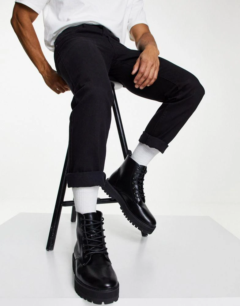 商品ASOS|ASOS DESIGN lace up boot in black faux leather with raised chunky sole,价格¥215,第3张图片详细描述