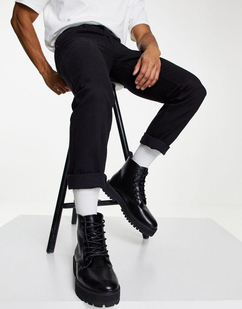 商品ASOS|ASOS DESIGN lace up boot in black faux leather with raised chunky sole,价格¥378,第5张图片详细描述