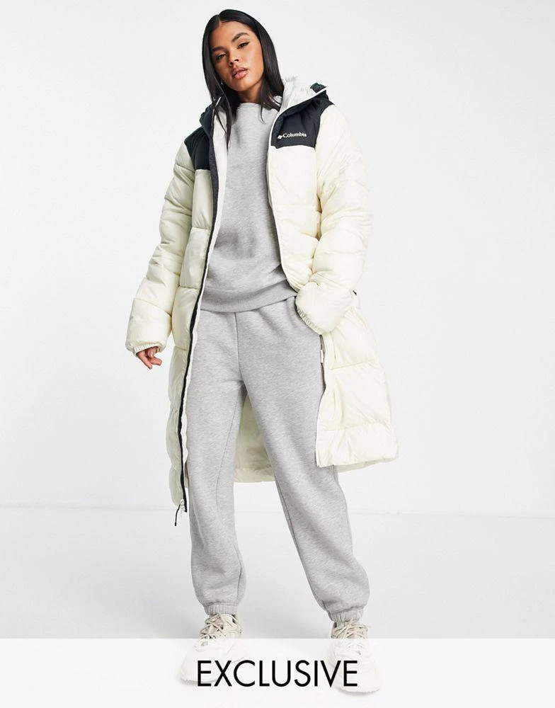 商品Columbia|Columbia Puffect long line puffer coat in beige/black Exclusive at ASOS,价格¥955,第1张图片