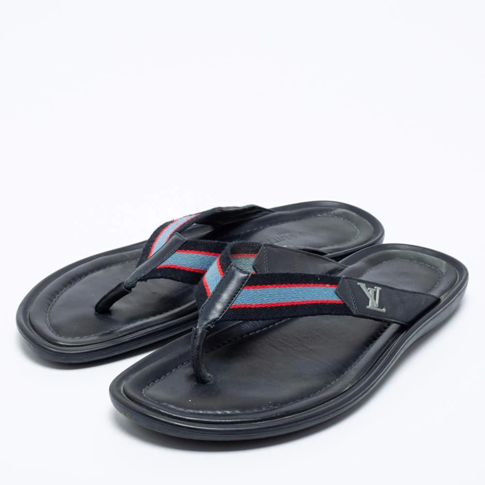 商品[二手商品] Louis Vuitton|Louis Vuitton Navy Blue Leather and Canvas Thong Slides Size 44.5,价格¥1542,第2张图片详细描述