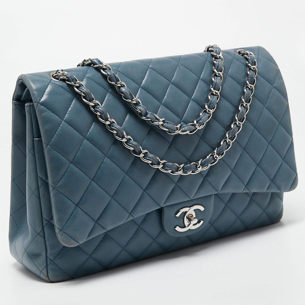 Chanel Blue Quilted Caviar Leather Maxi Classic Double Flap Bag商品第3张图片规格展示