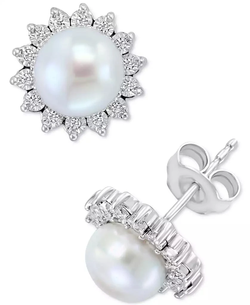 商品Effy|EFFY® Cultured Freshwater Pearl (7mm) & Diamond (1/10 ct. t.w.) Stud Earrings in Sterling Silver,价格¥454,第1张图片