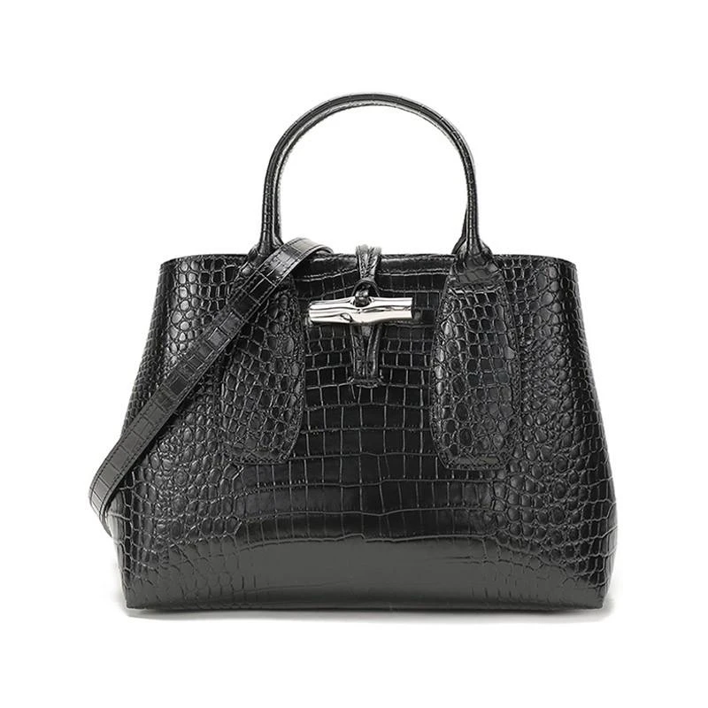 商品[国内直发] Longchamp|珑骧 LONGCHAMP 奢侈品 女士ROSEAU系列中号黑色小牛皮鳄鱼纹手提斜挎包 10058 HTS 001送女友礼物,价格¥3024,第1张图片