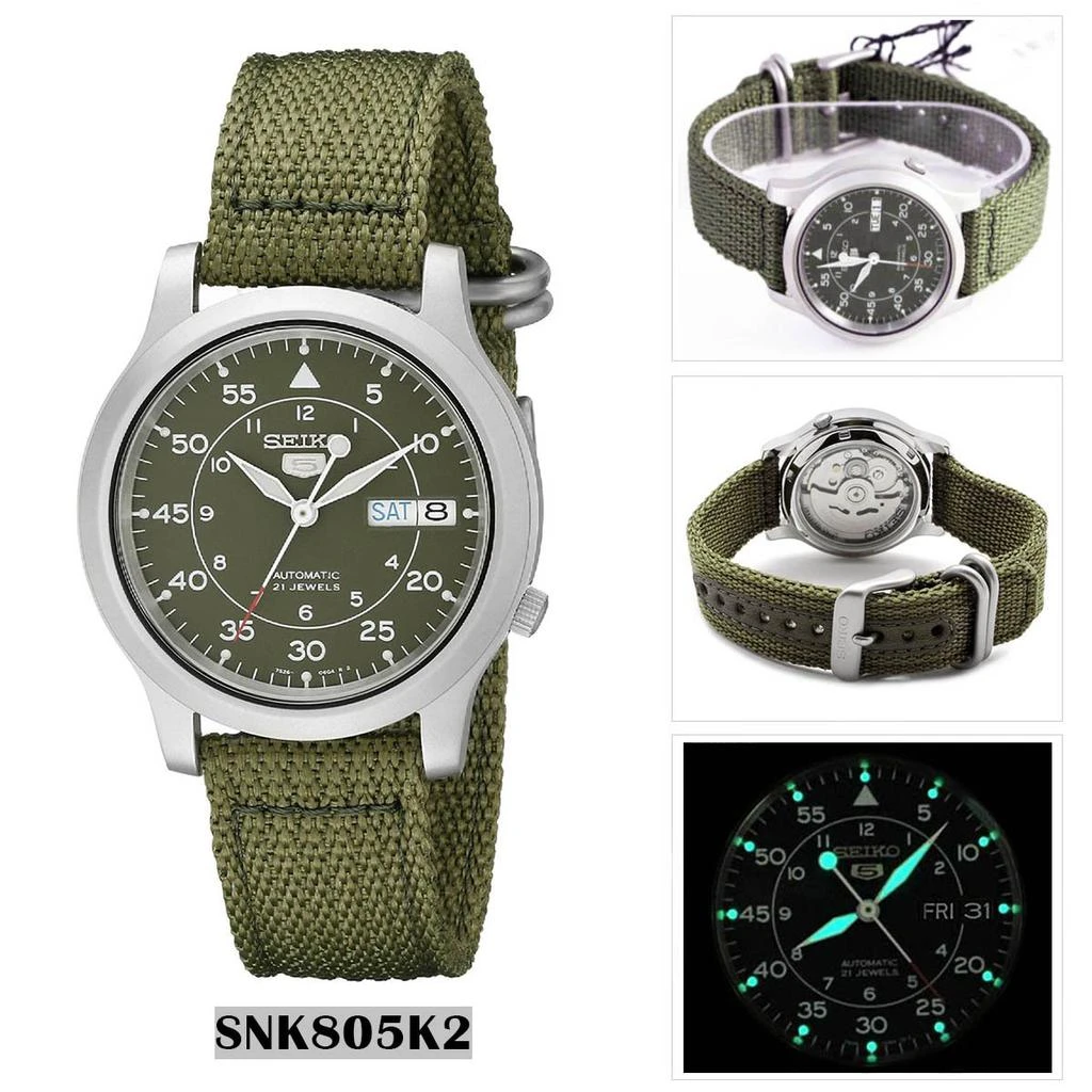 商品Seiko|Men's SNK805 SEIKO 5 Automatic Stainless Steel Watch with Green Canvas,价格¥1863,第2张图片详细描述
