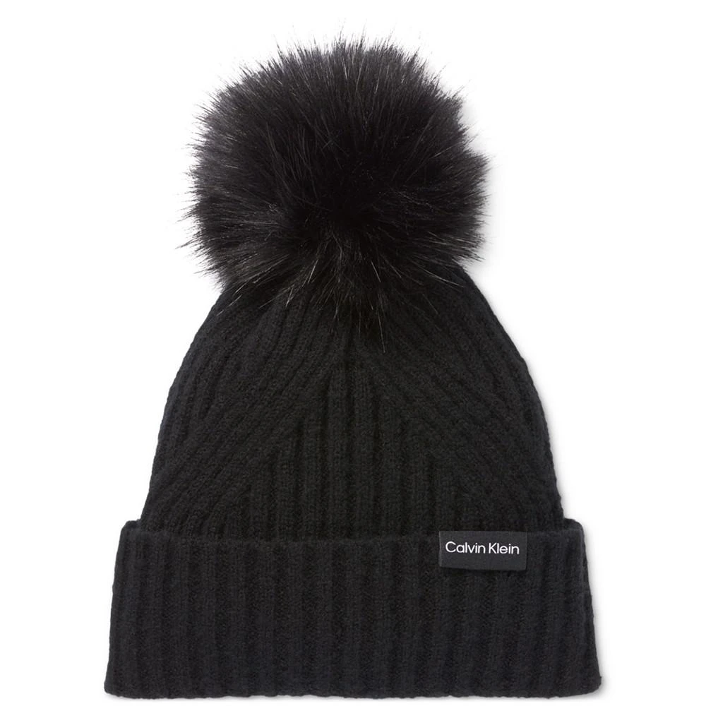 商品Calvin Klein|Women's Ribbed Furry Pom Pom Hat,价格¥273,第1张图片