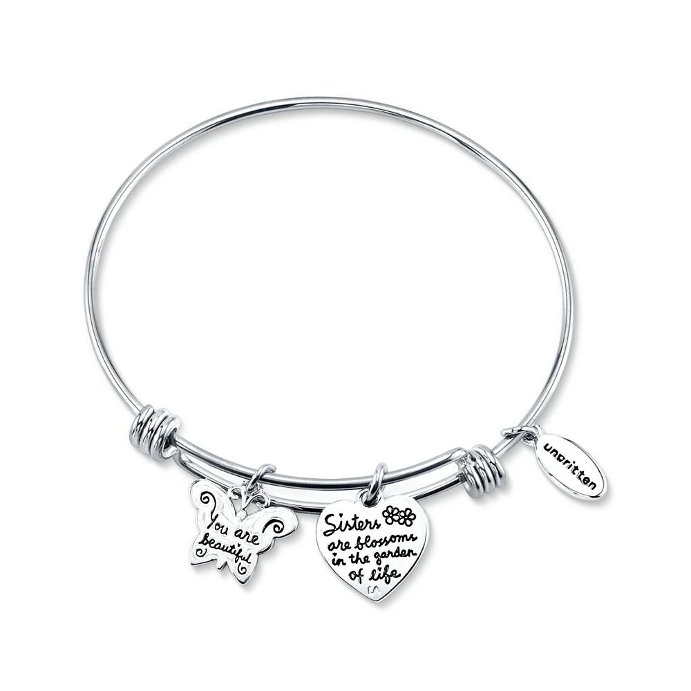 商品Unwritten|Two-Tone Butterfly and Heart "Sisters" Charm Bangle Bracelet with Silver Plated Charms,价格¥412,第2张图片详细描述