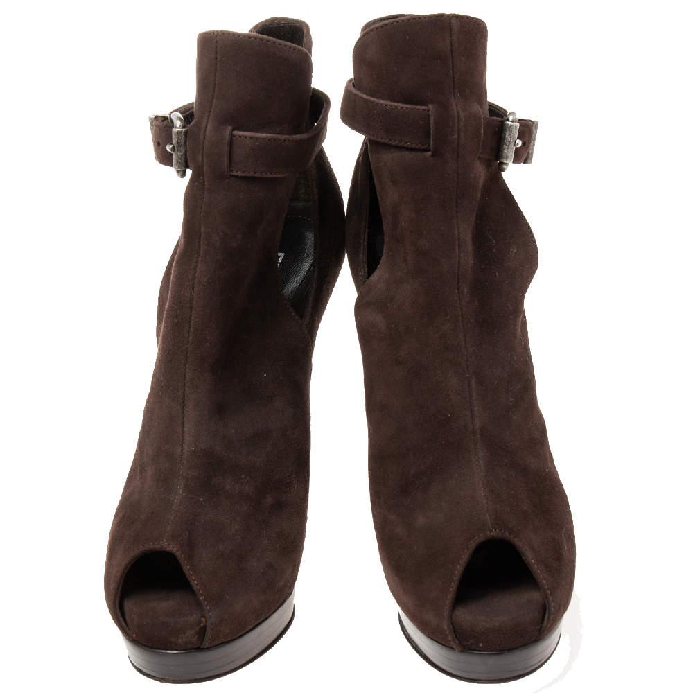 Fendi Dark Brown Suede Peep-Toe Platform Ankle Booties Size 36商品第3张图片规格展示
