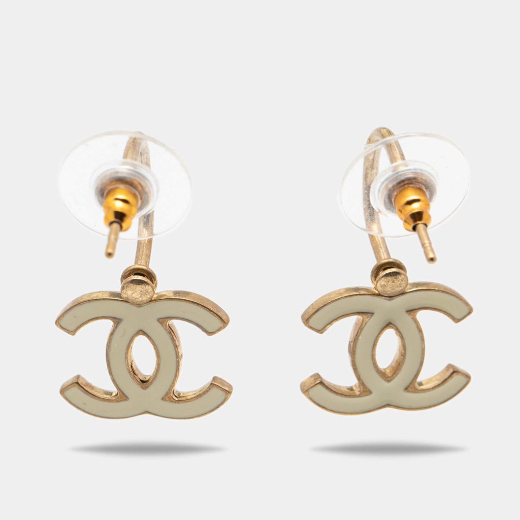 商品[二手商品] Chanel|Chanel CC Enamel Gold Tone Earrings,价格¥5197,第5张图片详细描述