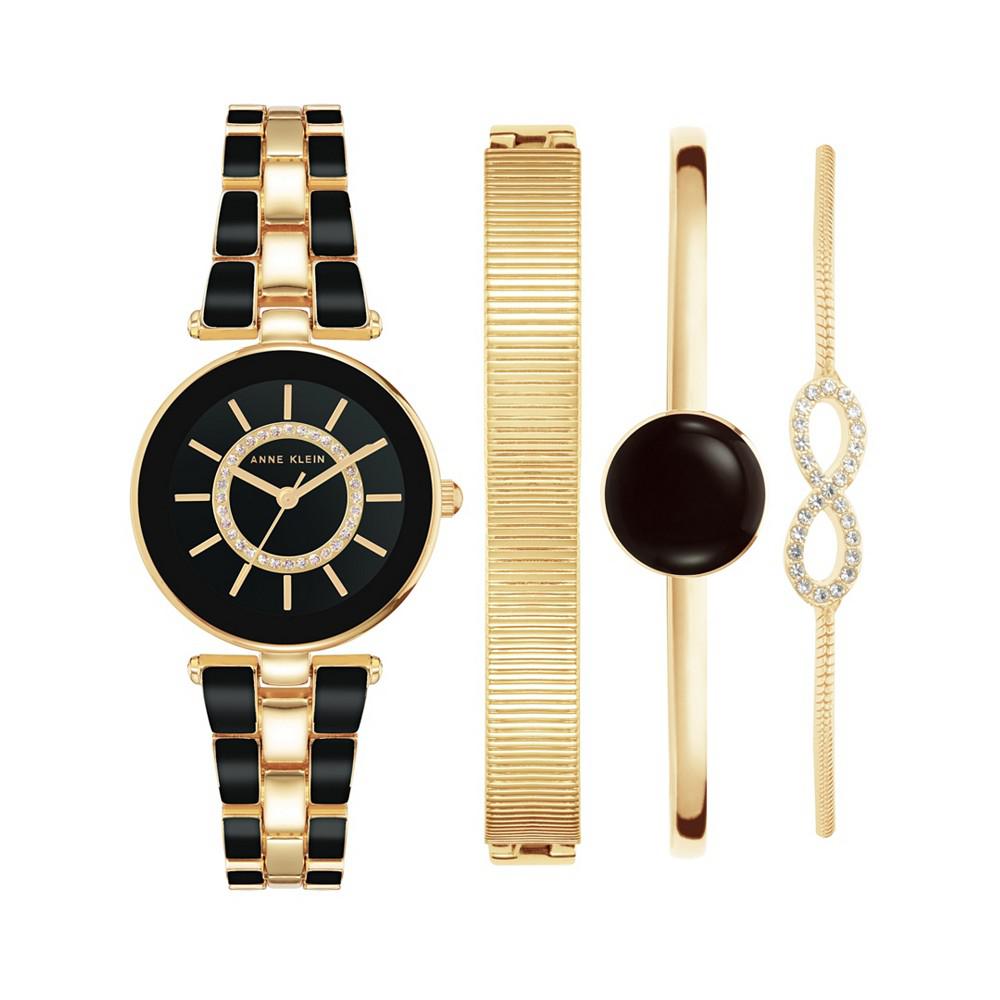 Women's Gold-Tone Alloy Bracelet with Black Enamel and Crystal Accents Fashion Watch 34mm Set 4 Pieces商品第1张图片规格展示