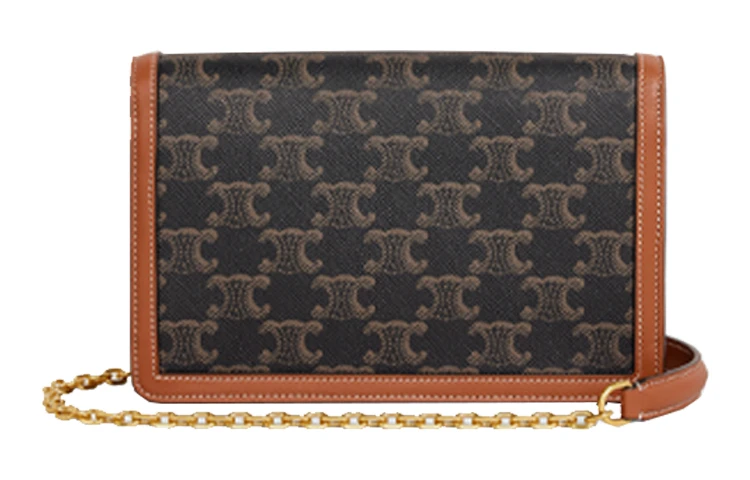 商品[国内直发] Celine|赛琳 Triomphe凯旋门金属标志经典老花满印印花链条 帆布拼羊皮革 钱包单肩包斜挎包 常规 女款 黄褐色,价格¥11621,第5张图片详细描述