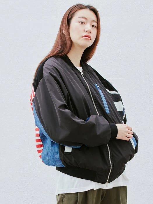 商品QUIETIST|Washed Fabric Mixed MA-1 Jacket Black,价格¥1186,第3张图片详细描述