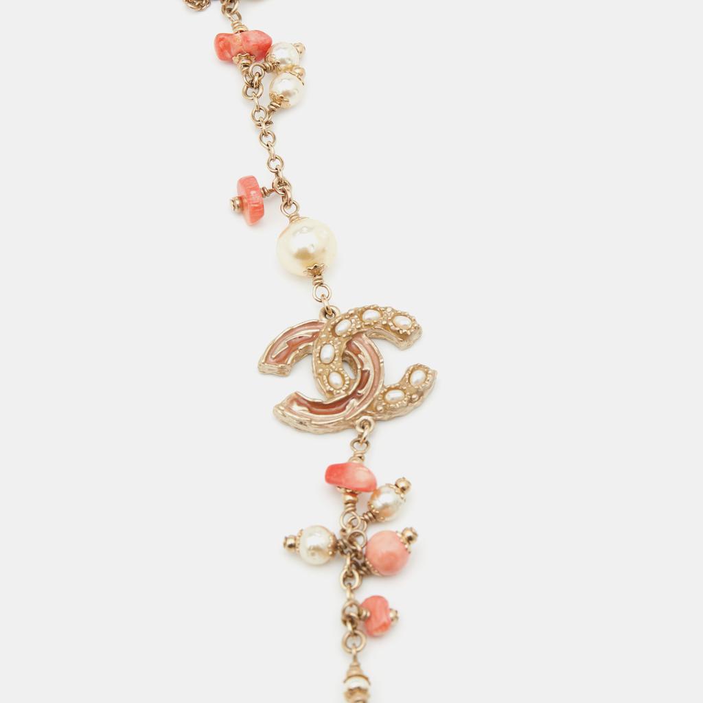Chanel Gold Tone Faux Pearl Chain Necklace商品第4张图片规格展示