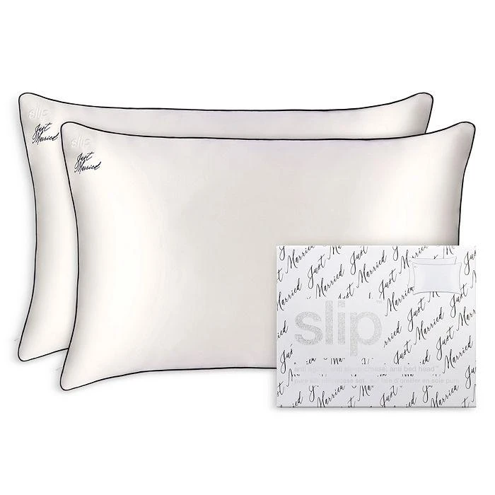 商品Slip|Just Married Embroidered Silk Pillowcase Set,价格¥1511,第1张图片详细描述