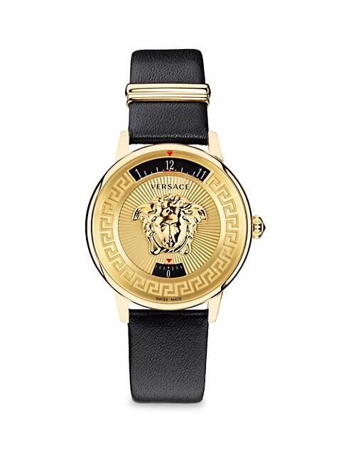 Medusa Icon IP Yellow Gold Leather Strap Watch商品第1张图片规格展示