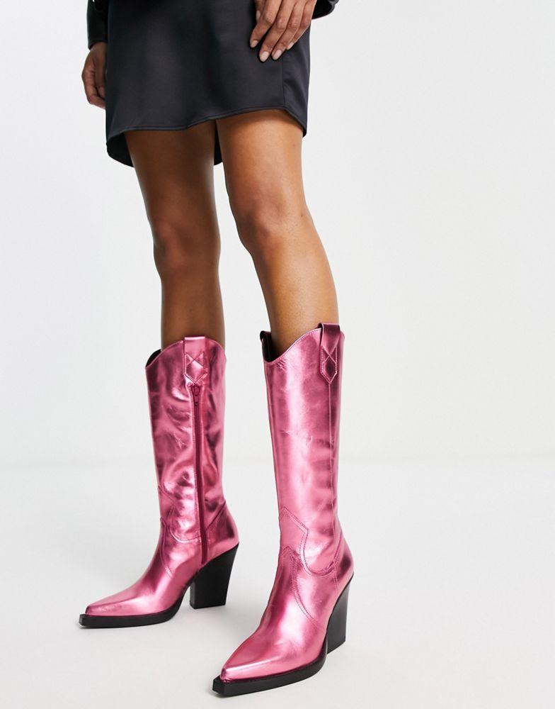 ASOS DESIGN Camouflage premium leather western knee boots in pink商品第4张图片规格展示