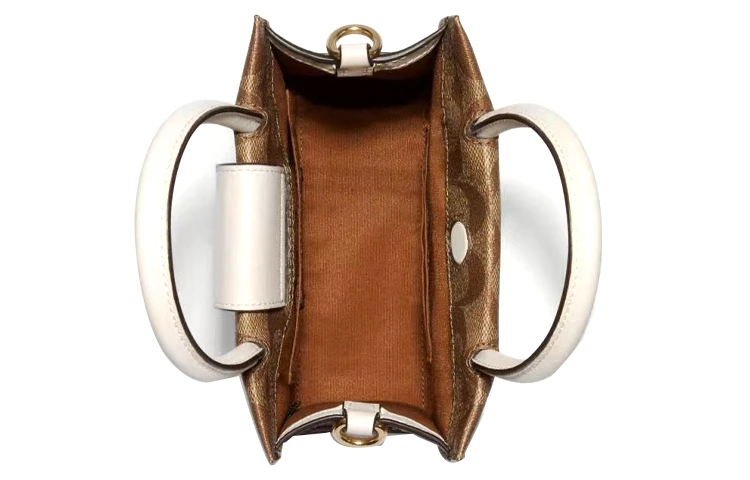 商品[国内直发] Coach|蔻驰 Cally 17 经典拼色老花 帆布配皮 纸袋包琴谱包托特包Tote包购物袋手提单肩斜挎包 迷你 女款 白色配棕色老花,价格¥1491,第4张图片详细描述