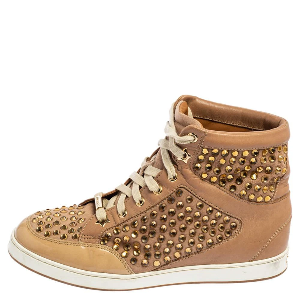 商品[二手商品] Jimmy Choo|Jimmy Choo Beige Patent Leather and Leather Crystal Studded Tokyo High Top Sneakers Size 36,价格¥1547,第2张图片详细描述