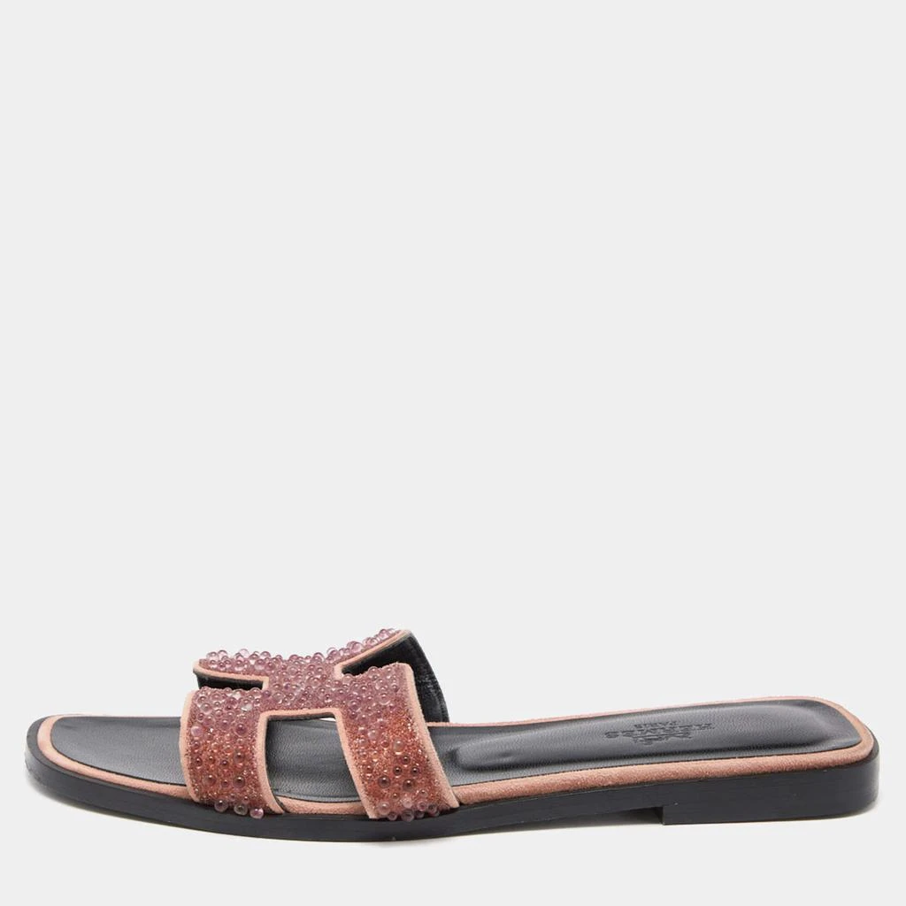 商品[二手商品] Hermes|Hermes Pink Beads Embellished Leather Oran Flat Slides Size 35.5,价格¥4082,第1张图片