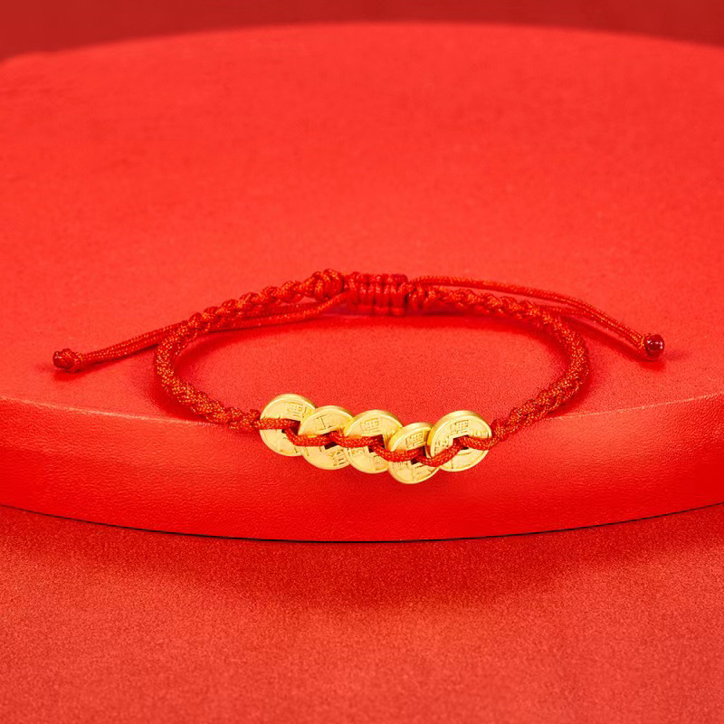3D硬金五帝币通宝铜钱串红绳调节手串「黄金发货周期一周」商品第2张图片规格展示