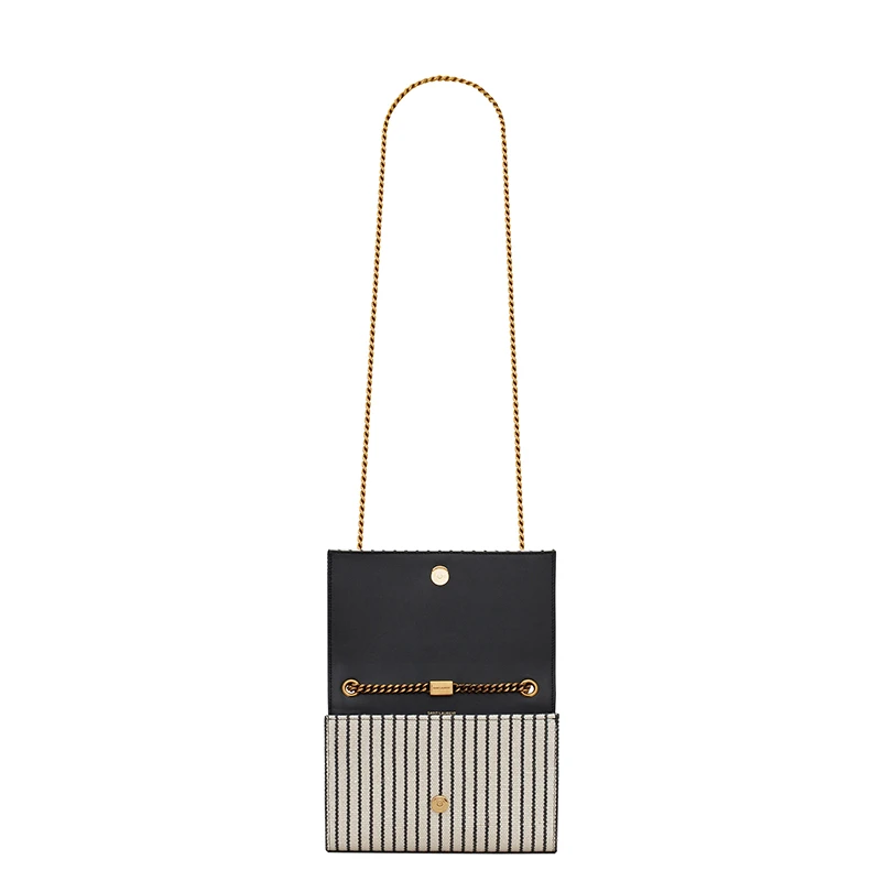 SAINT LAURENT PARIS/圣罗兰 YSL 22春夏新款KATE系列 女士小号奶油色/黑色条纹帆布配皮金扣金链单肩斜挎链条包469390FAACG9583 商品