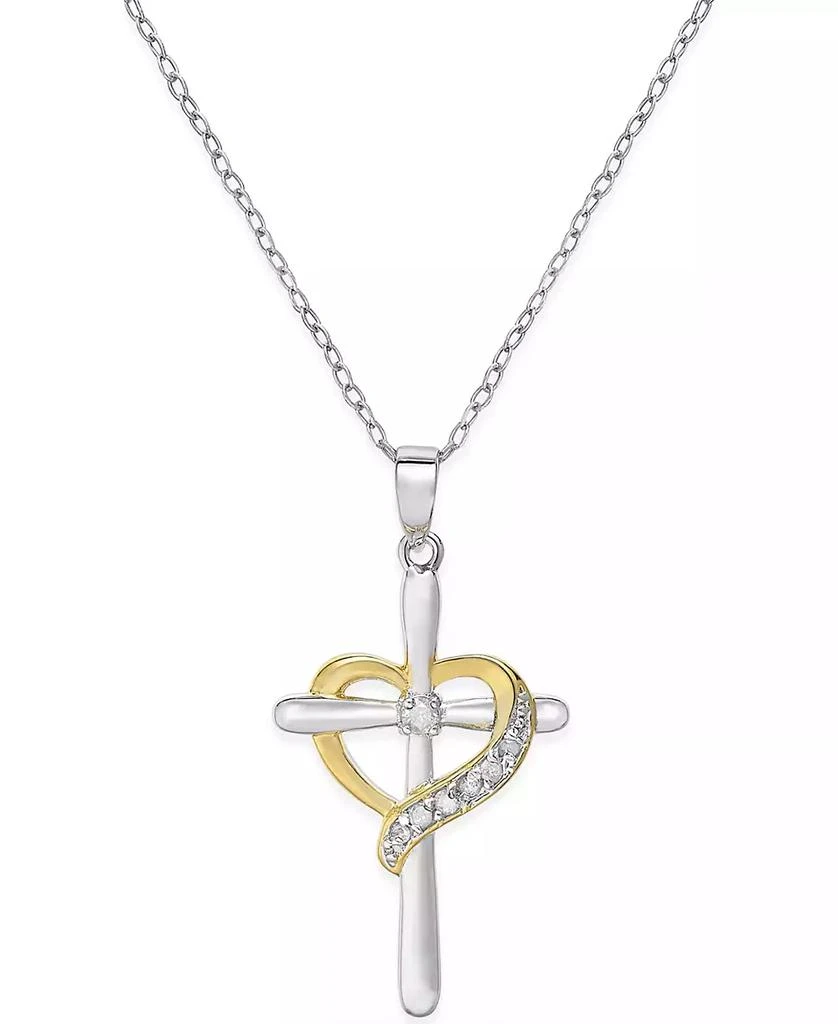 商品Macy's|Diamond Cross Heart Pendant Necklace (1/10 ct. t.w.) in Sterling Silver and 18K Gold-Plated Sterling Silver,价格¥260,第1张图片