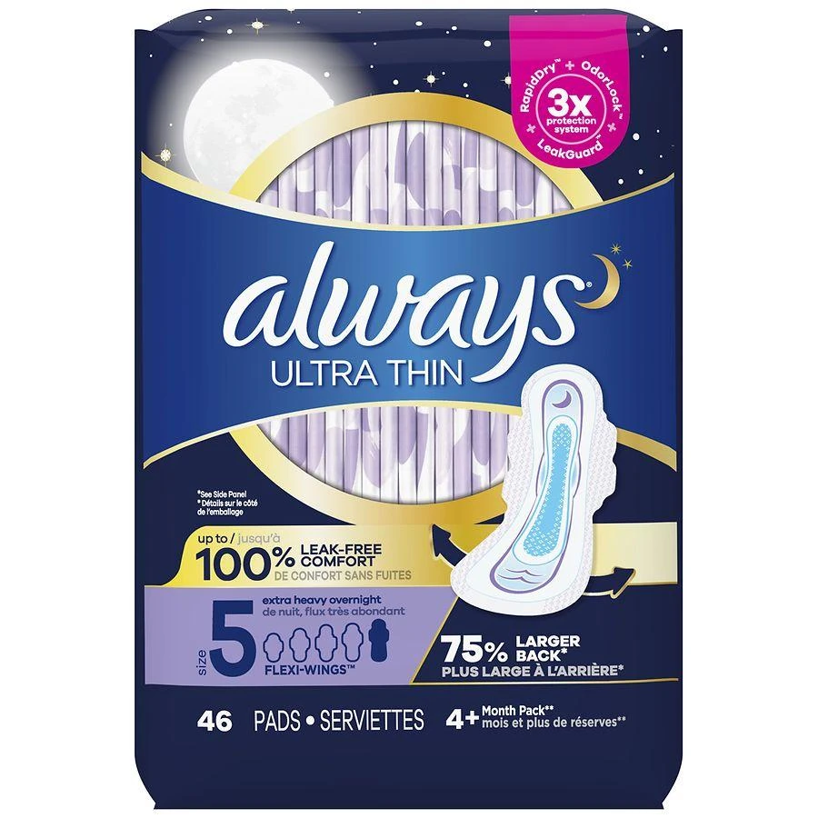 商品Always|Ultra Thin Overnight Pads with Flexi-Wings, Extra Heavy Overnight Unscented, Size 5,价格¥134,第3张图片详细描述