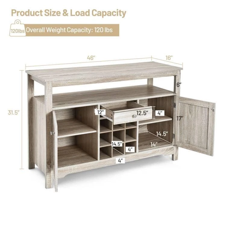 商品QuikFurn|Grey Wood Sideboard Buffet Server Cabinet with Wine Rack and Storage Shelf,价格¥2219,第5张图片详细描述