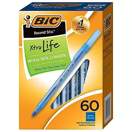 商品BIC|BIC Round Stic Xtra Life Ballpoint, 1mm, Medium, Blue, 60ct.,价格¥53,第1张图片