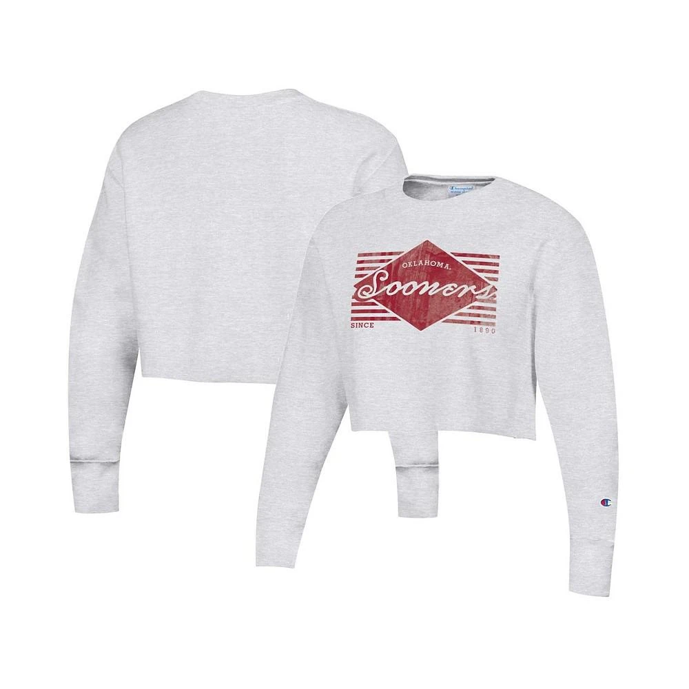 商品CHAMPION|Women's Heather Gray Distressed Oklahoma Sooners Reverse Weave Cropped Pullover Sweatshirt,价格¥383,第1张图片