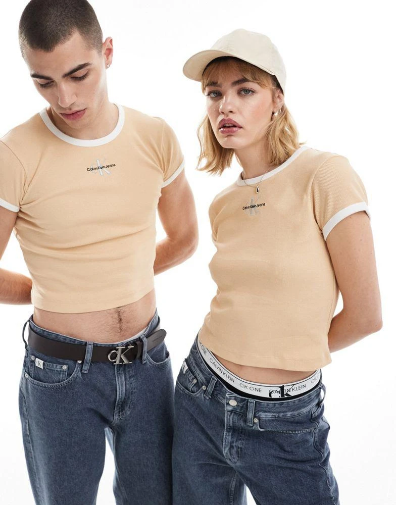 商品Calvin Klein|Calvin Klein Jeans baby ringer tee in beige - ASOS Exclusive,价格¥158,第1张图片