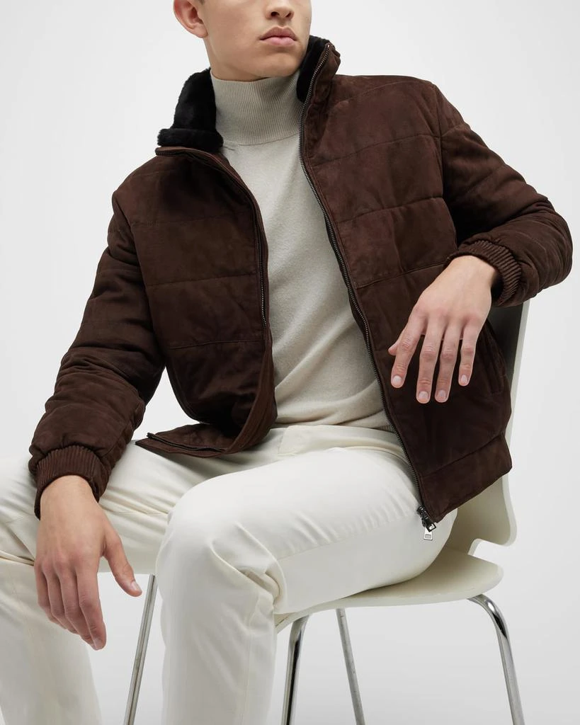 Men's Suede Puffer Jacket with Shearling-Lined Collar 商品