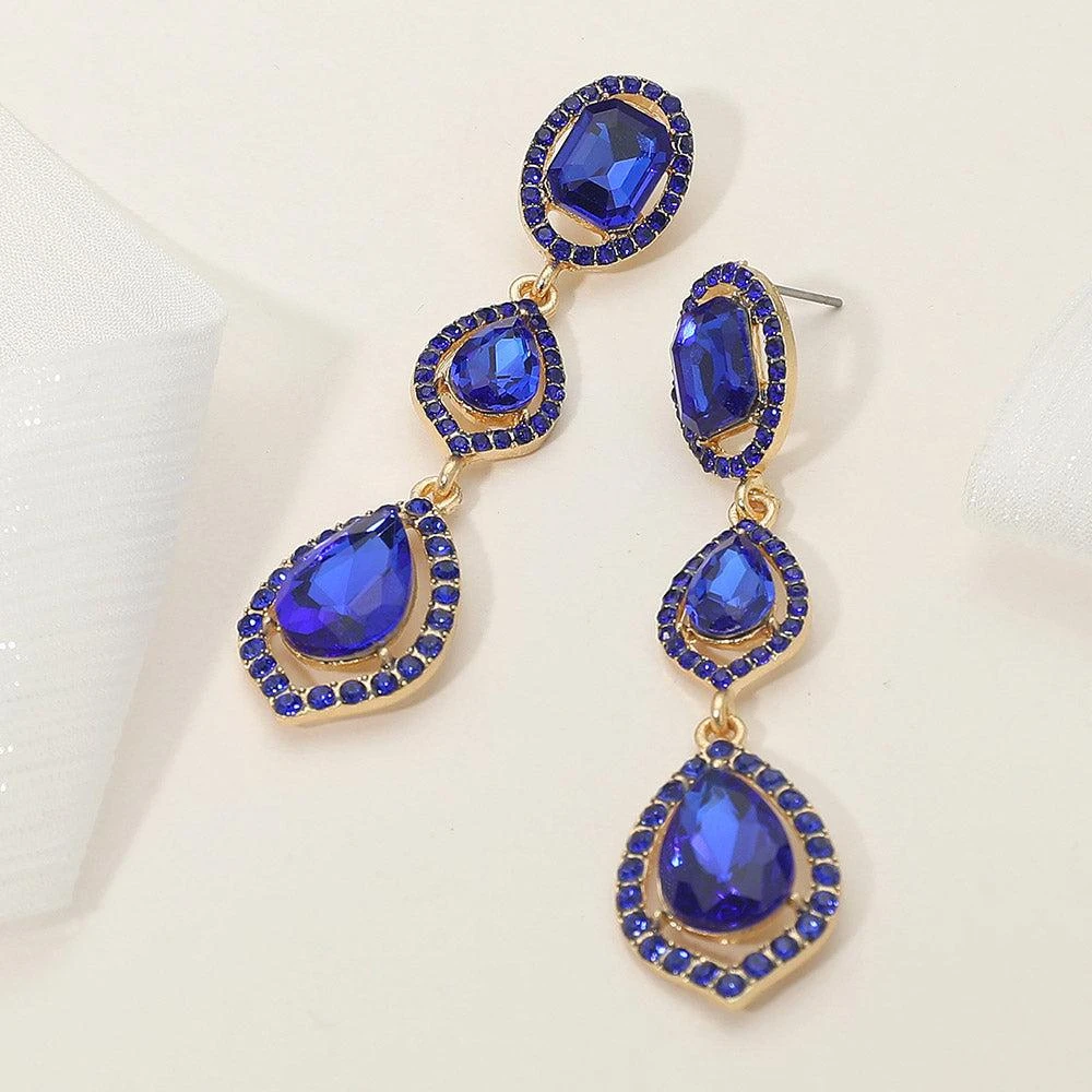 商品FASHNZFAB|Teardrop Stone Pointed Dropdown Dangle Evening Earrings - Gold, Sapphire,价格¥201,第1张图片