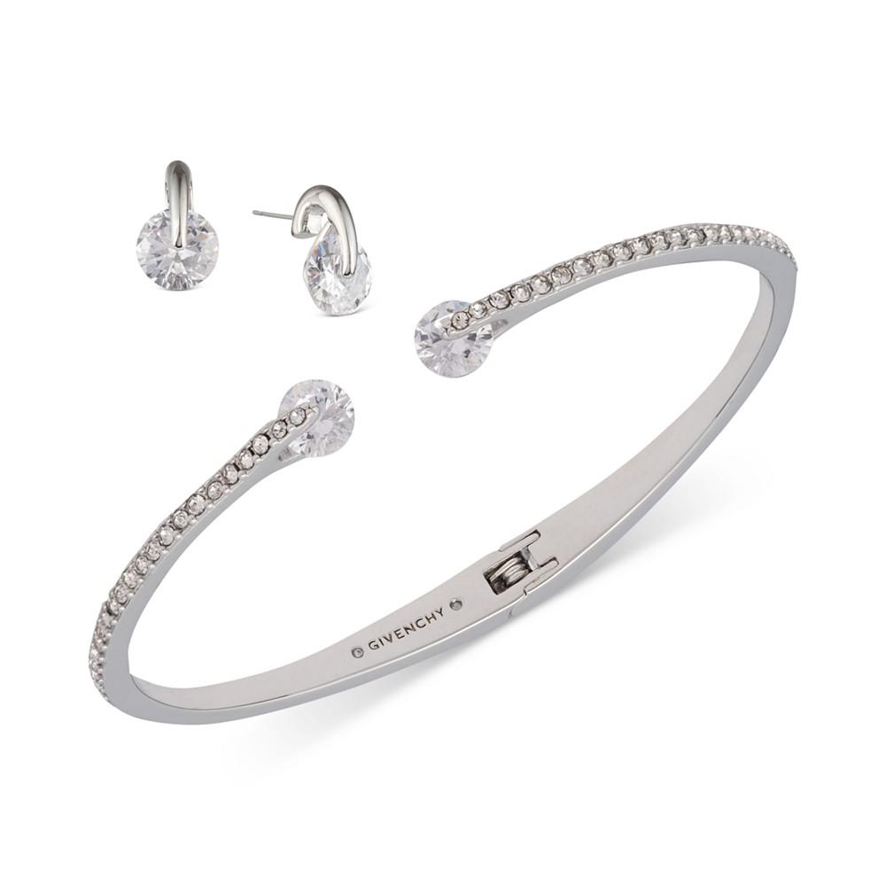 Silver-Tone 2-Pc. Set White Floating Stone & Crystal Cuff Bangle Bracelet & Matching Stud Earrings商品第1张图片规格展示