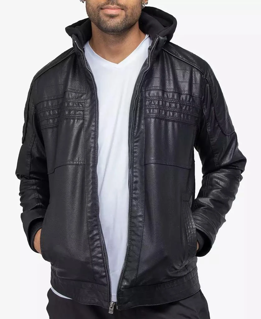 Men's Grainy Polyurethane Leather Hooded Jacket with Faux Shearling Lining 商品