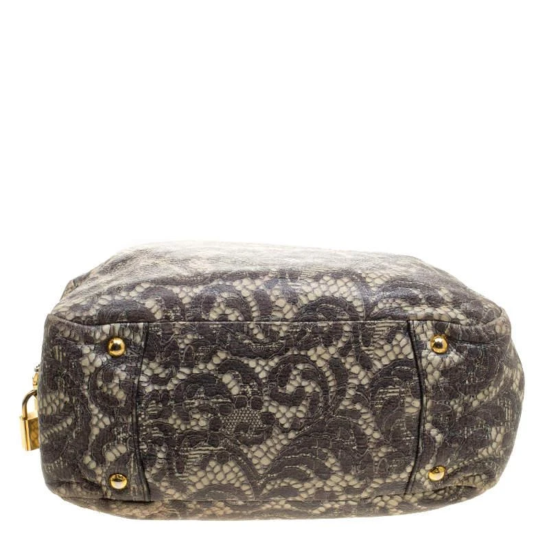 Prada Beige Talco Lace Print Cervo Leather Bowling Bag 商品