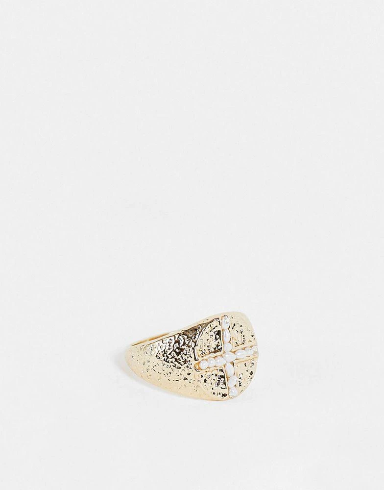 商品Topshop|Topshop faux pearl cross signet ring in gold,价格¥22,第1张图片