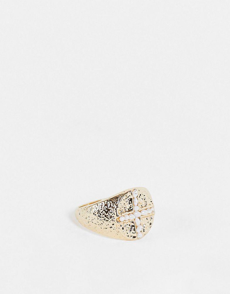 商品Topshop|Topshop faux pearl cross signet ring in gold,价格¥19,第1张图片