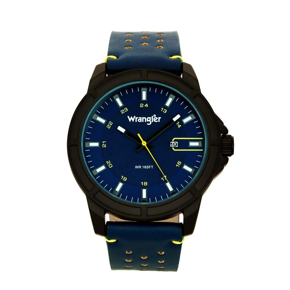 商品Wrangler|Men's, 48MM IP Black Case, Blue Dial, White Index Markers, Sand Satin Dial, Analog, Date Function, Yellow Second Hand, Blue Strap with Yellow Accent Stitch,价格¥452,第1张图片