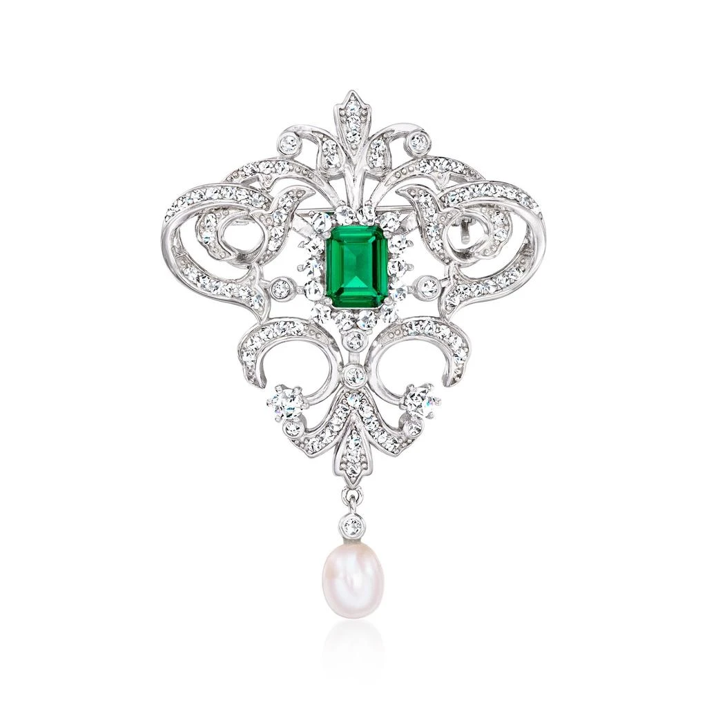 商品Ross-Simons|6-6.5mm Cultured Pearl and Simulated Emerald Vintage-Style Pin With Czs in Sterling Silver,价格¥876,第1张图片