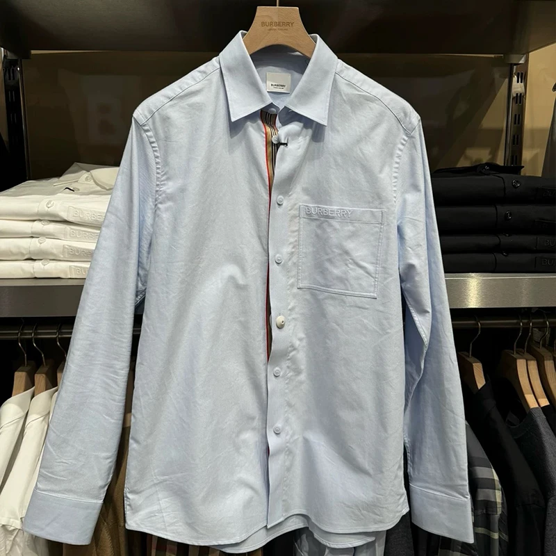 BURBERRY/博柏利 男士蓝色棉质前贴袋刺绣徽标长袖衬衫 商品