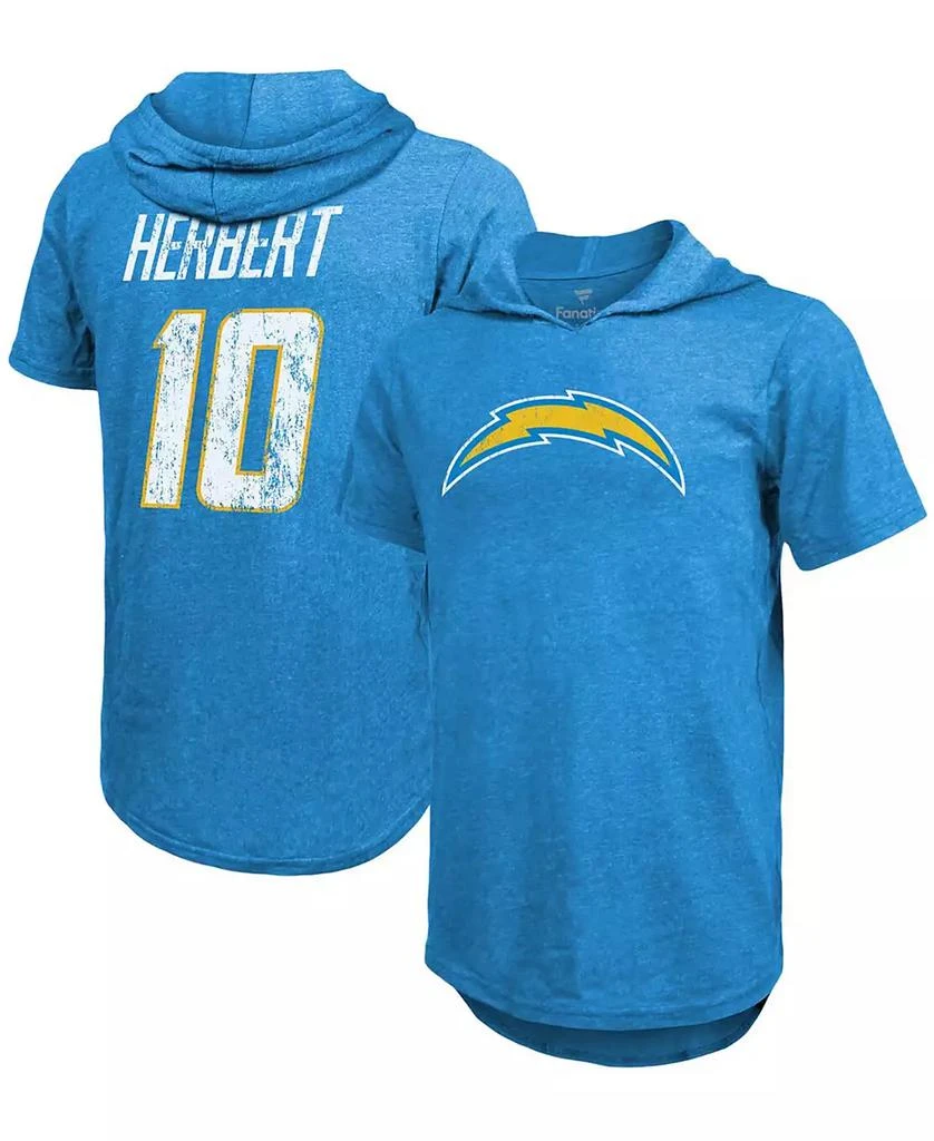 商品Fanatics|Men's Fanatics Justin Herbert Powder Blue Los Angeles Chargers Player Name and Number Tri-Blend Hoodie T-shirt,价格¥413,第1张图片