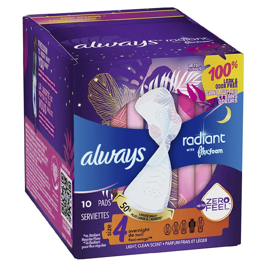 Radiant Overnight Feminine Pads For Women, With Wings Light Clean, Size 4 (10 ct) 商品