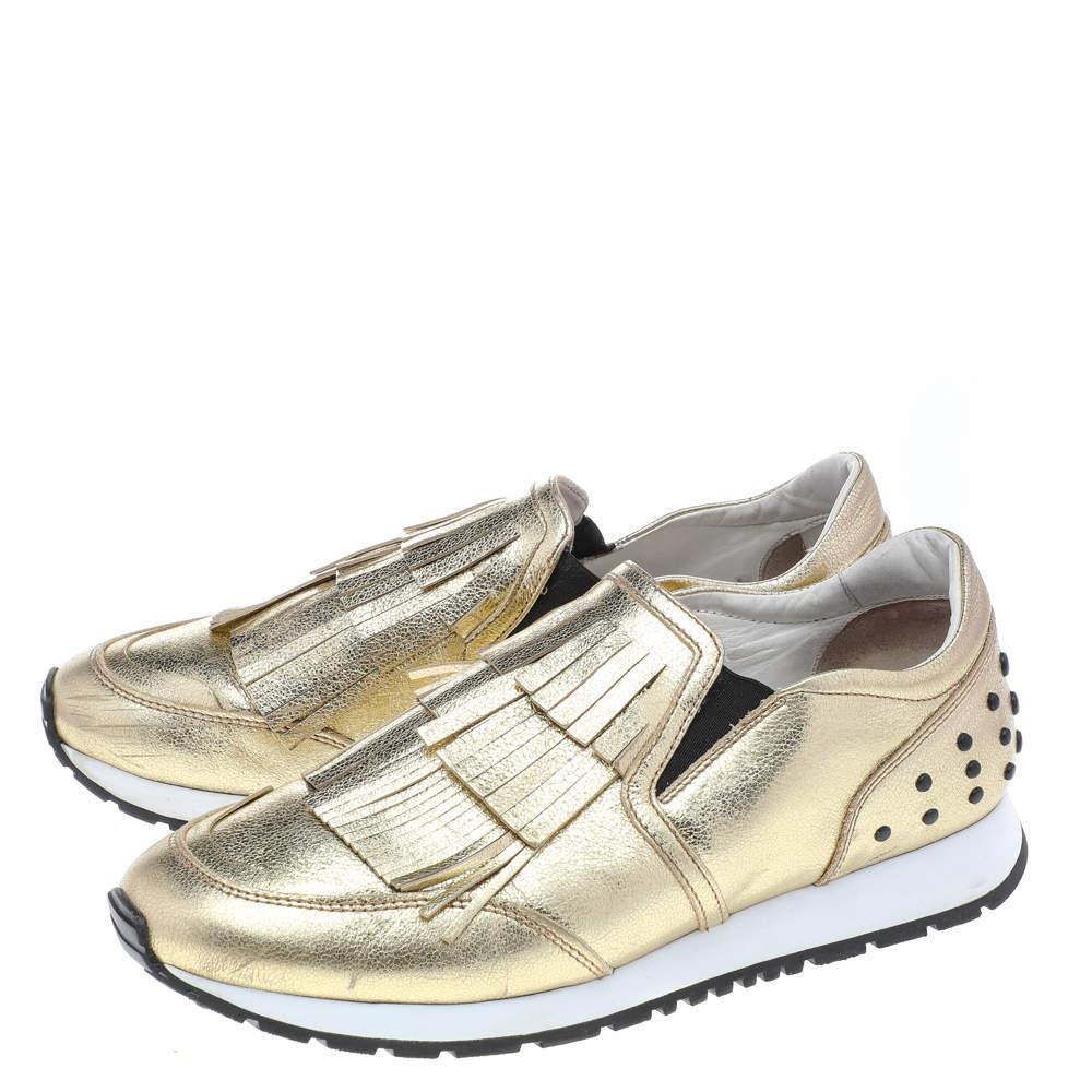 商品[二手商品] Tod's|Tod's Gold Leather Fringe Detail Low Top Sneakers Size 39,价格¥2527,第6张图片详细描述