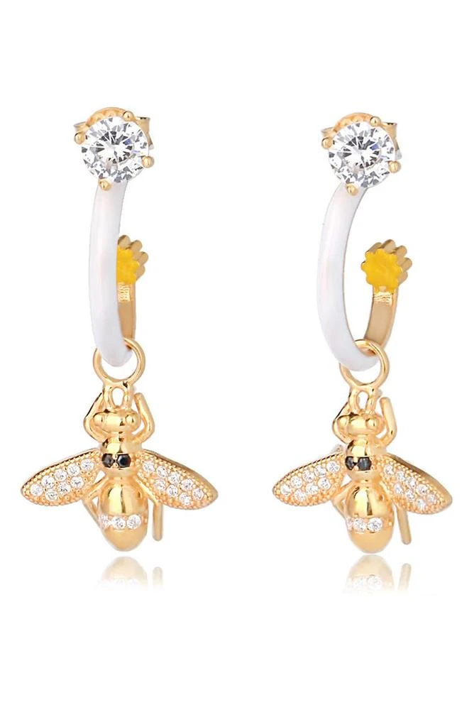 商品Gabi Rielle|14K Gold Plated Sterling Silver CZ Bee Charm White Enamel Hoop Drop Earrings,价格¥450,第1张图片