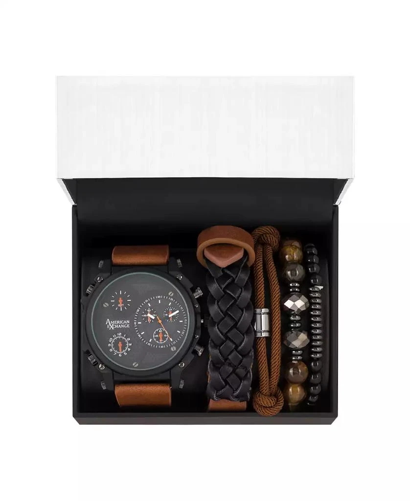 商品American Exchange|Men's Quartz Dial Brown Leather Strap Watch, 48mm and Assorted Stackable Bracelets Gift Set, Set of 5,价格¥150,第2张图片详细描述