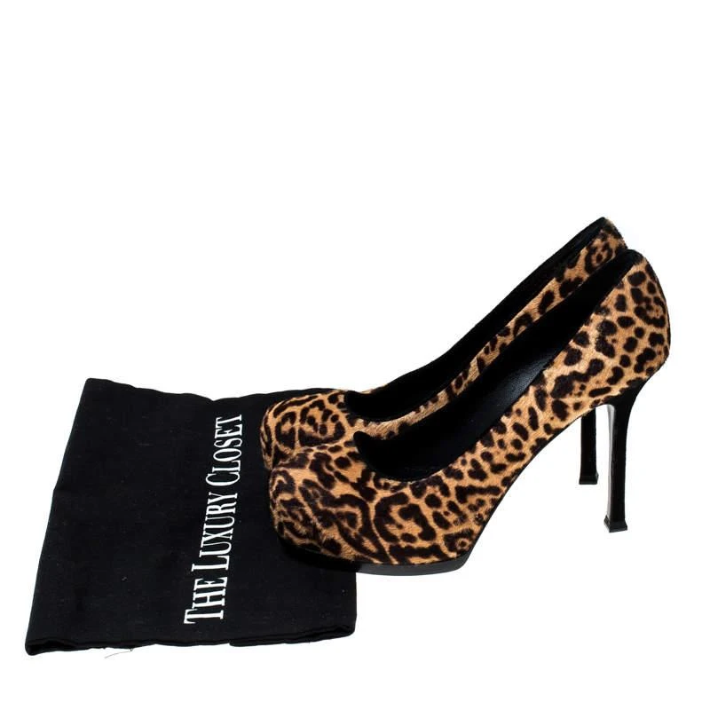 Saint Laurent Paris Beige/Brown Leopard Print Pony Hair Tribtoo Platform Pumps Size 36 商品